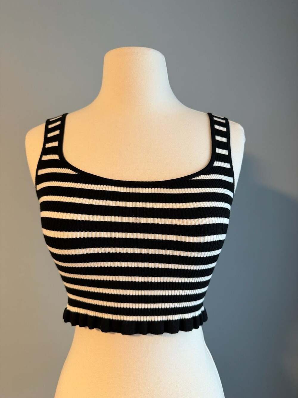 Wilfred Aritzia Brio Tank Black White Striped Ribbed Knit Cropped Top